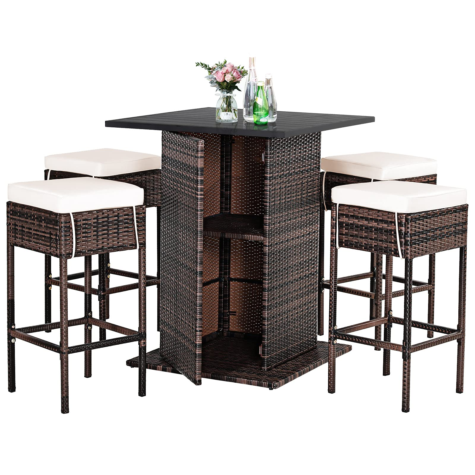 Tangkula Ensemble de bar extérieur en rotin 5 pièces, mobilier de bar de patio avec 4 tabourets rembourrés et table à plateau lisse
